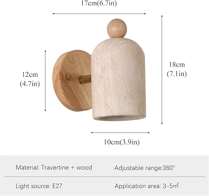 Natural Yellow Travertine Wall Lamp, Adjustable Marble Wall Mounted Light with Wood Base, Japanese Wabi Sabi Style Stone Wall Sconce for Bedroom Bedside Living Room Study(Wood)