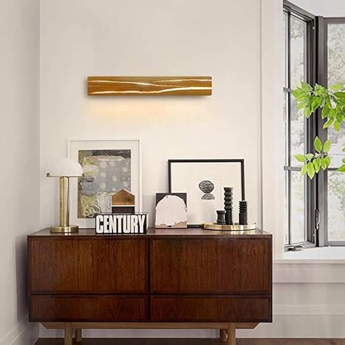 Modern Wood LED Wall Sconce Linear Bar Resin Cracked Design Natural Japandi Minimalist Fixture for Bathroom Vanity Mirror Hallway Bedroom Living Room Accent Light