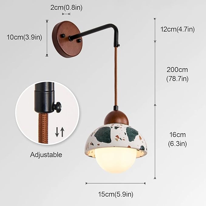 Mid Century Modern Hanging Wall Lamp, Wabi Sabi Terrazzo Wall Sconce, Handmade Natural Stone Wall Light Fixture, Adjustable Height, for Bedside Bedroom Living Room Hallway(A)