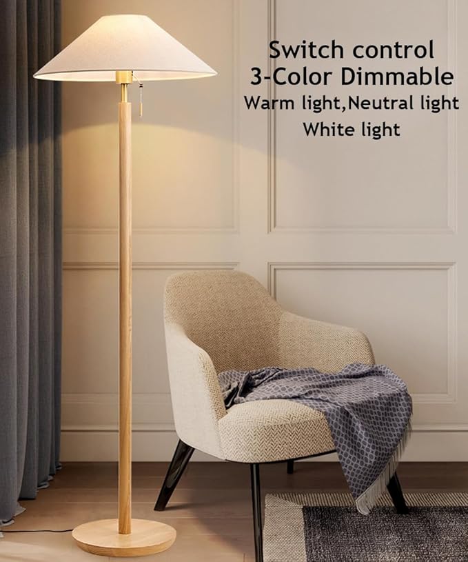 Wabi-sabi 59.1" Wooden Floor Lamp Linen Floor Lamp E26 Dimmable Tall Lamp with Zipper Switch Fabric Standing Light for Sofa Area Living Room Bedroom Study Tea Room