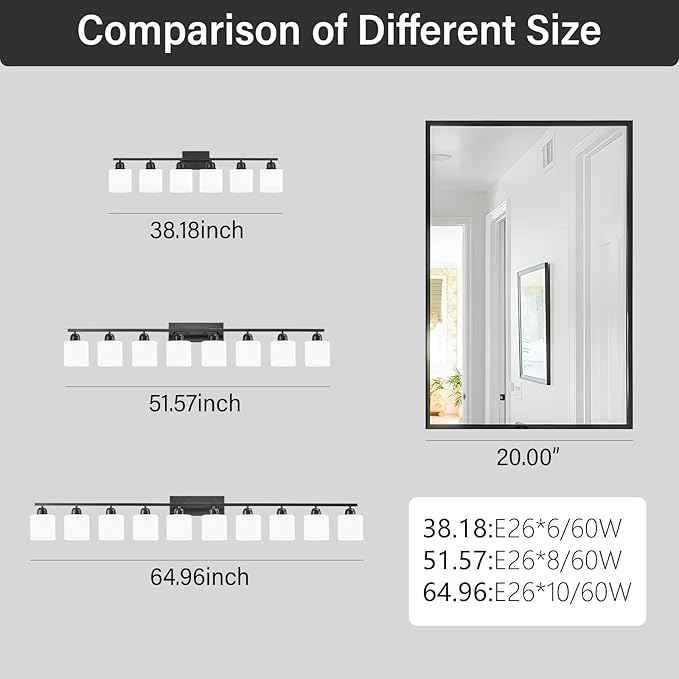 10 Light Black Vanity Lights for Giant Mirror, Bathroom Vanity Lights Over Mirror with Milky White Frosted Glass Shades,65 inch Bathroom Light Fixture for Mirrors, E26