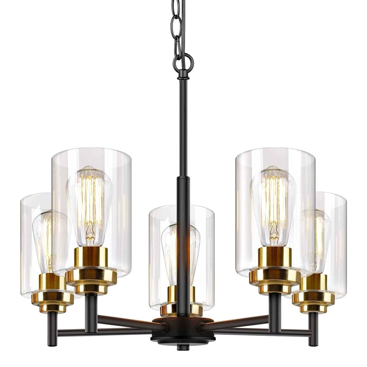 Sucolite 19.8'' Dia 5-Light Chandelier for Dining Room Kitchen Island, Modern Farmhouse Pendant Lighting with Glass Shades Black & Gold Ceiling Light Fixture for Living Room, Height Adjustable
