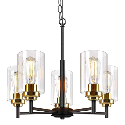 Sucolite 19.8'' Dia 5-Light Chandelier for Dining Room Kitchen Island, Modern Farmhouse Pendant Lighting with Glass Shades Black & Gold Ceiling Light Fixture for Living Room, Height Adjustable