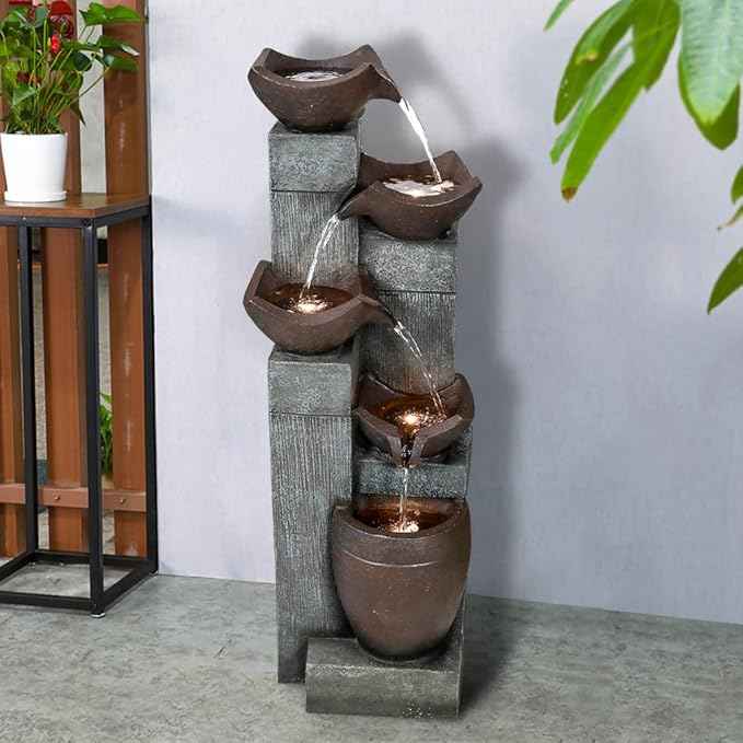 SunJet 39.7” Indoor/Outdoor Garden Water Fountain with Led Lights, 5-Tiers Modern Floor-Standing Cascading Water Feature for Home Deck, Patio, Porch, Yard Decor
