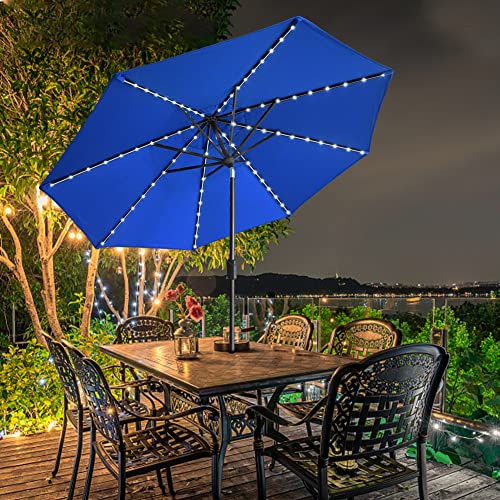 USA 10-Year-Non-Fading 9ft Market Patio Umbrella, Commercial Grade Table Sun Umbrella with 80 Solar LED Lights, Crank Open, Windproof & UPF 50+ UV Protection for Garden, Deck, Pool, Backyard, Royal Blue
