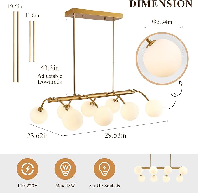 Modern Globe Kitchen Island Lights,Mid Century Bubble Glass Island Light Fixture,8-Light Gold Sputnik Chandeliers,Milk Glass Chandelier for Dining Room,Living Room,Bedroom