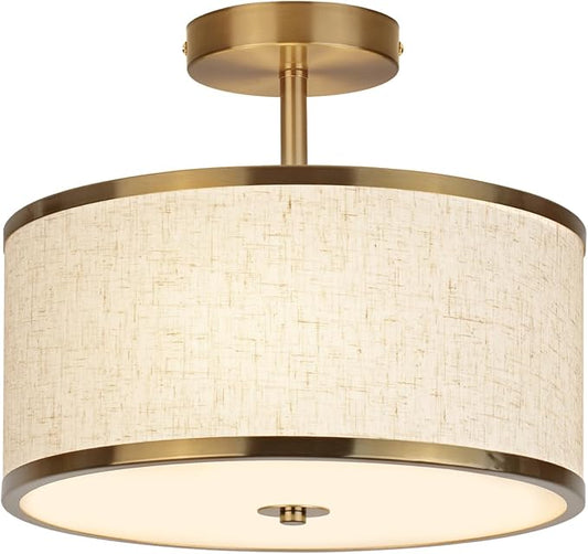 12.6 Inch Semi Flush Mount Ceiling Light, 3-Light Drum Lamp with Gold Brass Finish and Beige Shade, Ideal for Bedroom, Kitchen, Dining Room, Hallway, Entryway, and Foyer, - Aura Lighting