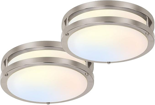 13 inch Flush Mount LED Ceiling Light Fixture, 2700K/3000K/3500K/4000K/5000K Adjustable Ceiling Lights, Brushed Nickel Saturn Dimmable Lighting for Bathroom Kitchen or Stairwell, ETL Listed - 2 Pack - Aura Lighting