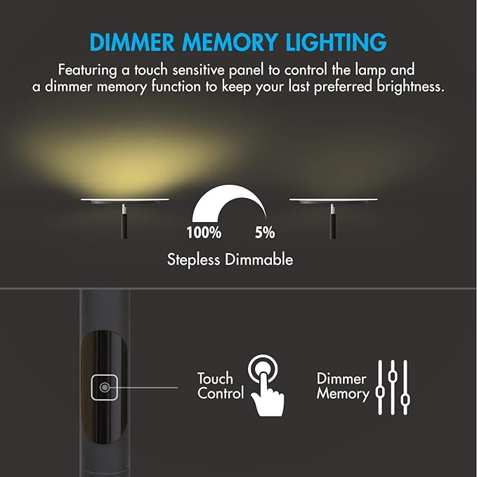 Tenergy Torchiere Dimmable LED Floor Lamp, Remote Controlled 30W (150W Equivalent) Standing Lamp, 90° Adjustable Top, Wall Switch Smart Outlet Compatible, Warm White Light