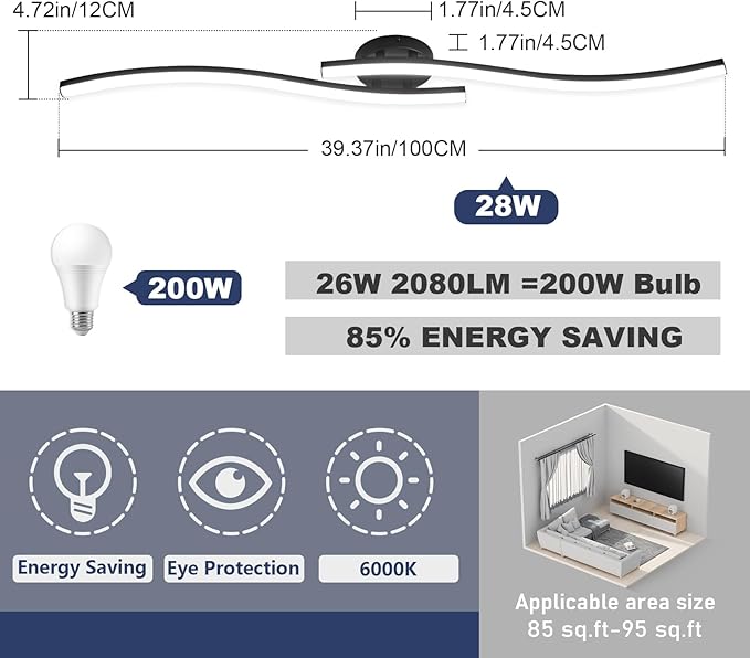 39.37Inch Linear Ceiling Light 6000K Black Modern Ceiling Light Fixture 28W Long Flush Mount Ceiling Lamp for Hallway, Kitchen, Bedroom, Dining Room - Aura Lighting