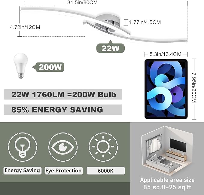 31.4Inch Modern LED Ceiling Light 22W Chrome Linear Ceiling Light Fixture 6000K Aluminum Long Flush Mount Ceiling Lights Fixture Lamp for Bedroom Hallway Kitchen Bathroom - Aura Lighting