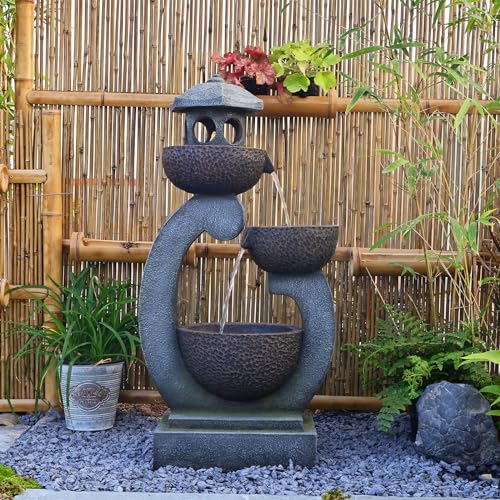 Outdoor Garden Water Fountain Modern Tranquil Zen Pagoda Waterfalls Fountains Bowl with LED Lights & Pump for Patio Yard Porch Pool Decor