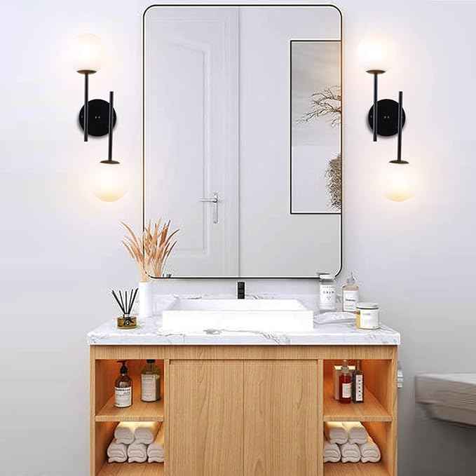Black Globe Wall Sconces, 2-Light Modern Matte Black Vanity Lights with White Globe Glass Shade, Industrial Farmhouse Wall Lamp for Bedroom, Living Room, Kitchen, Bathroom