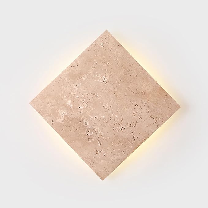 Japanese Style Wabi-Sabi Art Decor Lighting Fixture, Square Natural Stone LED Wall Sconce, Nordic Modern Marble Wall Light, Yellow Travertine Wall Lamp for Bedroom Entryway Living Room