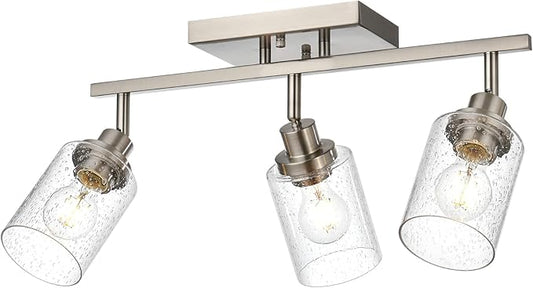 3-Light Rotatable Track Lighting Kit, Brushed Nickel Semi Flush Mount Ceiling Light Vanity Lighting Fixtures Spotlight, Seeded Glass Shades - Aura Lighting