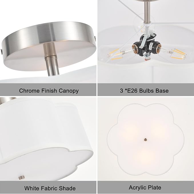 18" Modern Semi Flush Mount Ceiling Light Modern 3-Lights Linen Drum Ceiling Lighting with Chrome Finish, Vintage Ceiling Light for Living Room, Kitchen, Basement, Laundry Room, Bedroom - Aura Lighting