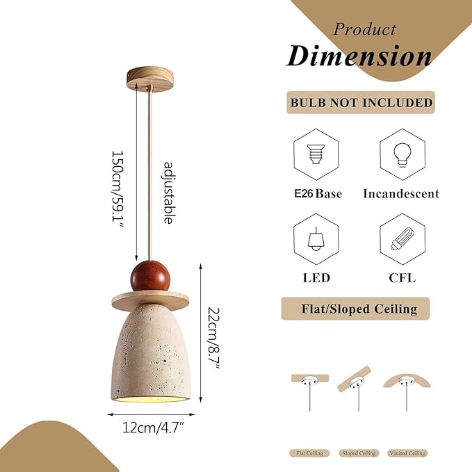 Wabi Sabi Travertine Pendant Light,Japanese Minimalist Stone & Wood Hanging Lamp Adjustable Nordic Hanging Lamp For Kitchen Island, Hallway, Bedroom, Dining Room Ceiling Decor