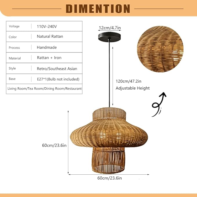 Lantern Shape Rattan Pendant Light, Handwoven Wicker Chandelier,Natural Plant Rattan Hanging Lamp,Japanese Wabi-Sabi Chinese Zen Southeast Asian Fixture,for Living Room Tea Room Restaurant
