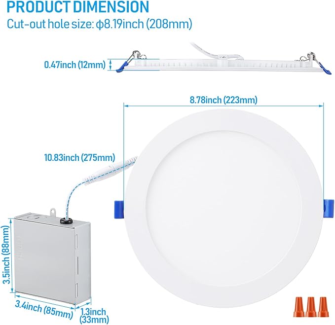 TORCHSTAR Basic Series 12-Pack 8 Inch Ultra-Thin LED Recessed Lighting with Junction Box, Aluminum, 4000K Cool White, 5%-100% Dimmable Slim Recessed Downlight, 18W 1440LM, ETL and Energy Star