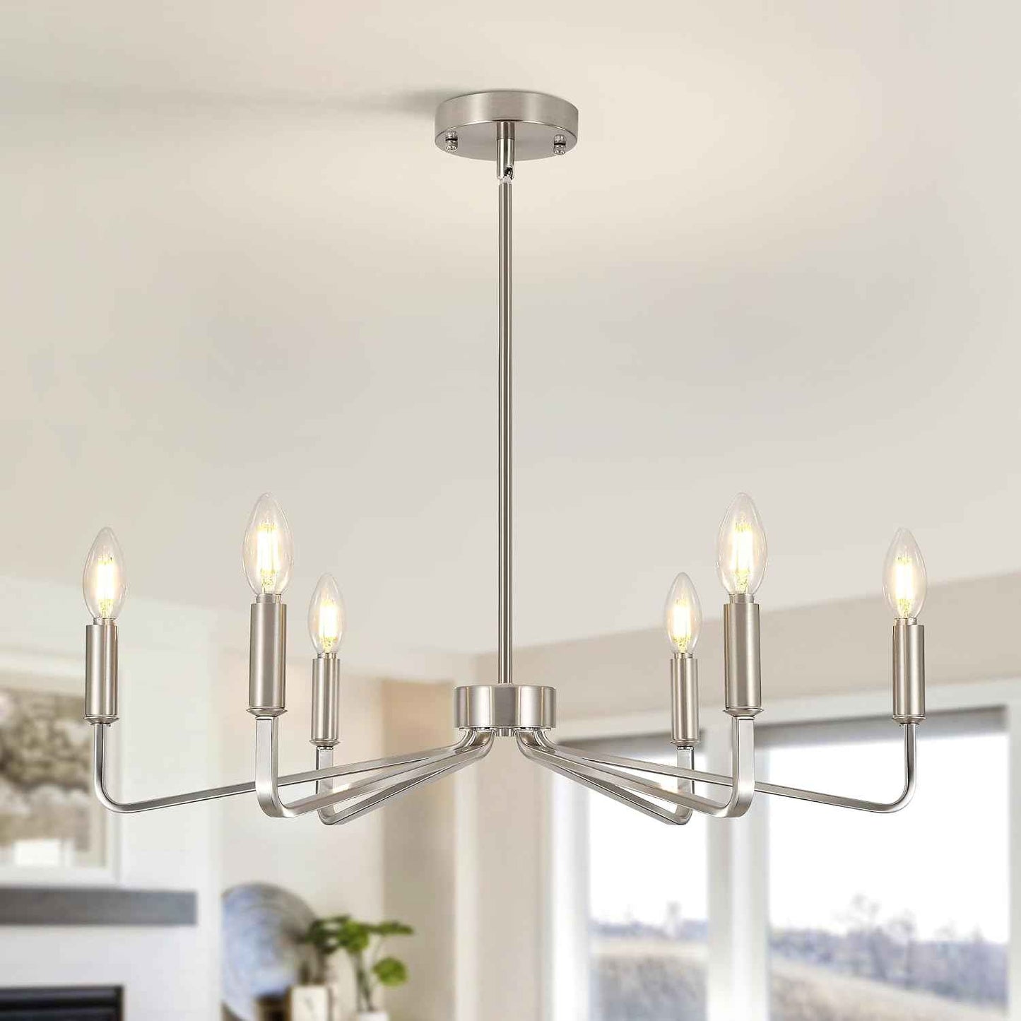 6-Light Brushed Nickel Chandeliers for Dining Room,Farmhouse Light Fixtures for Kitchen,Pendant Lights for Entryway Bedroom Foyer Hall Kitchen Living Room,26in,E12.