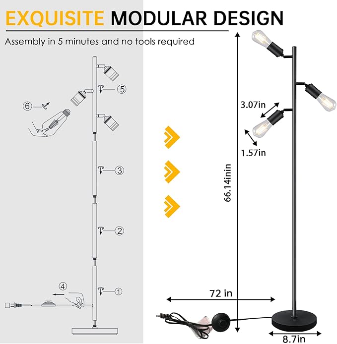 Industrial Standing Lamp with 3 Adjustable Rotating Lights - Tree Floor Lamp for Living Room, Bedroom, Home, Office (E26 Edison Bulb, Black)