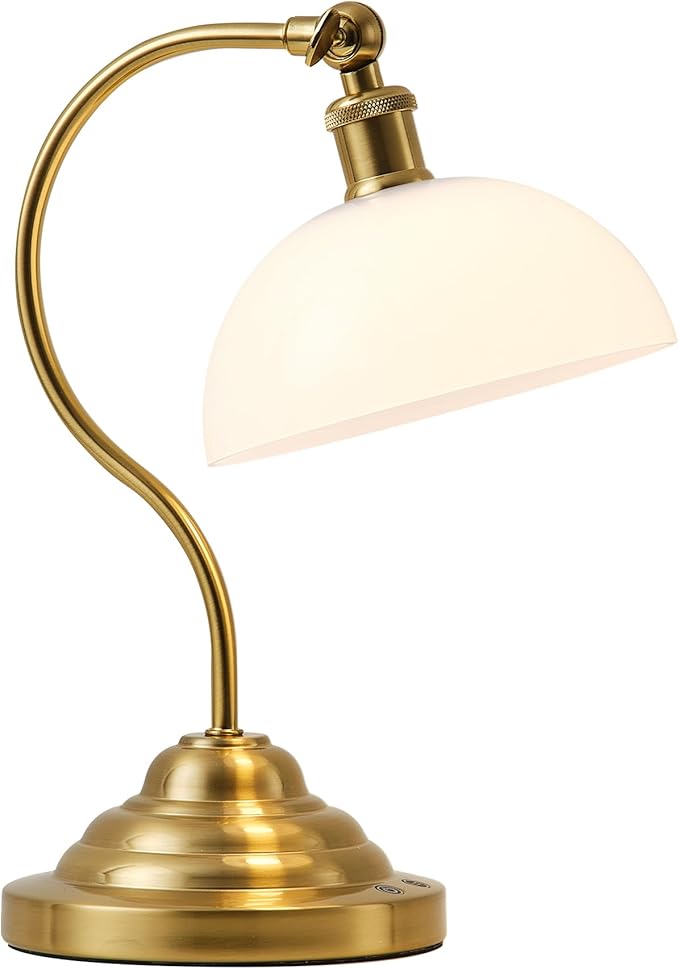 Cordless LED Table Lamp, 180° Swing Arm Desk Lamp, Battery Operated,Dimmable/3 Color, Vintage Rechargeable Table Light for Living Room,Bedroom,Bedside, White Shade, Brass - Aura Lighting