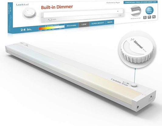 Under Cabinet Lighting Plug in or Hardwired Built-in Dimmer, 24 Inch 12W, 5CCT 2700/3000/3500/4000/5000K, Linkable Counter Lights for Kitchen, ETL Dimmable LED Light Fixture, White