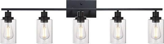 MELUCEE 40 Inches Length 5-Light Bathroom Vanity Light Fixtures Black Industrial Wall Sconce Lighting with Clear Glass Shade for Living Room Bedroom Hallway Kitchen (Patent No.: US D963914 S) - Aura Lighting