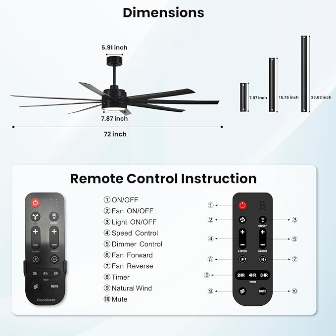 Modern Ceiling Fans with Lights, 72 Inch Ceiling Fan with Light and Remote, Bedroom Living Room Library Cafe Outdoor/Industrial,24W 3CCT Dimmable, 8 Blades 6 Speed Reversible Quiet DC Motor, Black