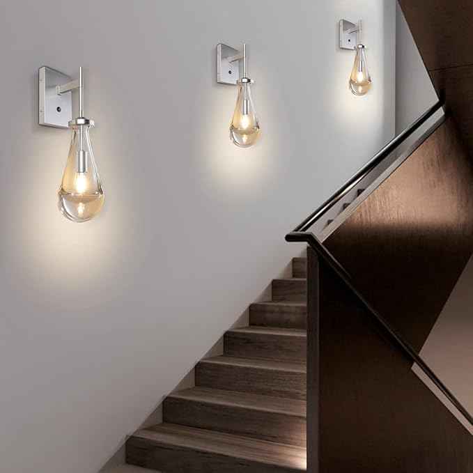 HuisMier Brushed Nickel Wall Sconce, Raindrop Wall Sconces with On Off Switch Button, Modern Clear Glass Wall Light Fixture Vanity Wall Lamp for Bathroom Bedroom Living Room Hallway