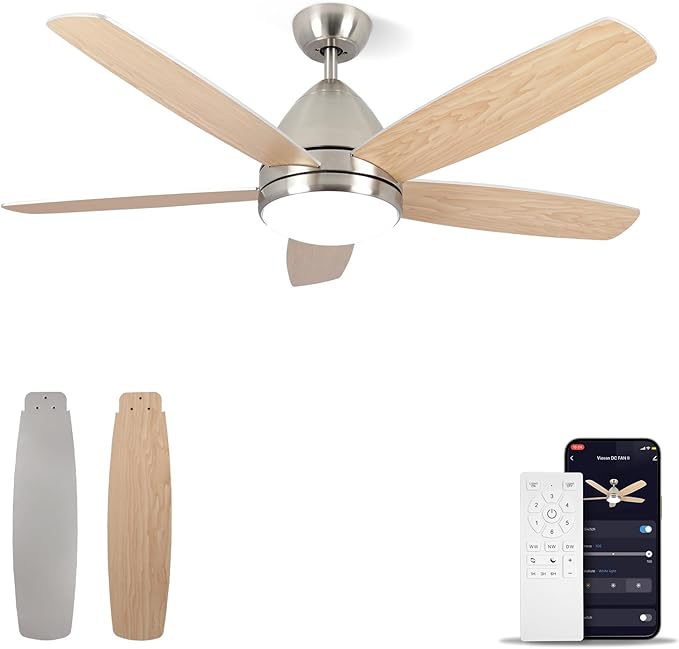 Smart Ceiling Fan with Light, Modern Nickel 52-Inch Outdoor Ceiling Fan and Remote/App, Dimmable Tri-Color LED and Reversible Motor for Indoor Bedroom/Outdoor Covered Patio - Aura Lighting