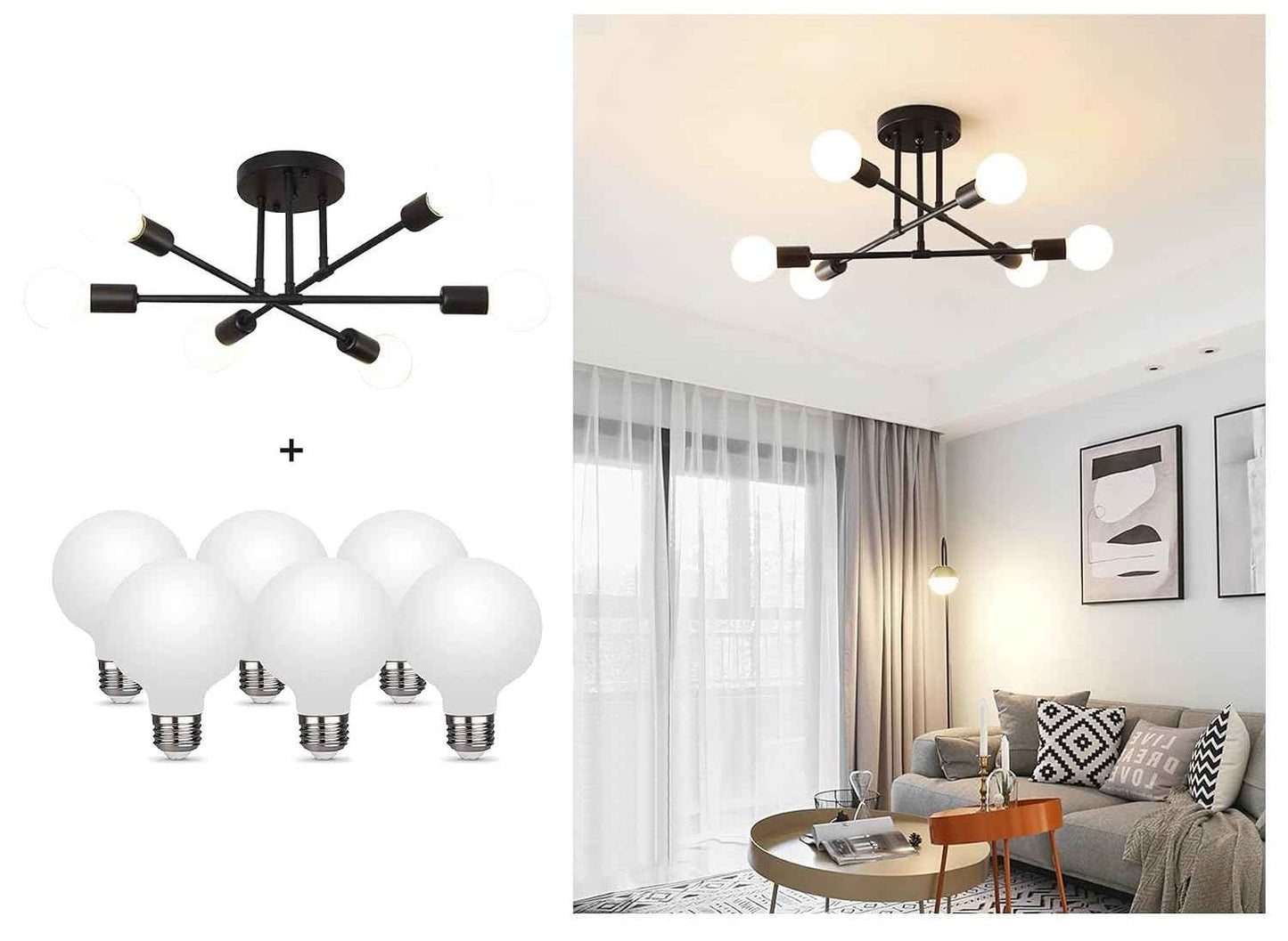Modern Sputnik Chandelier, 6-Light Ceiling Light, 6 LED Light Bulbs Inlcuded for Bedroom,Dining Room,Kitchen,Office (Black)