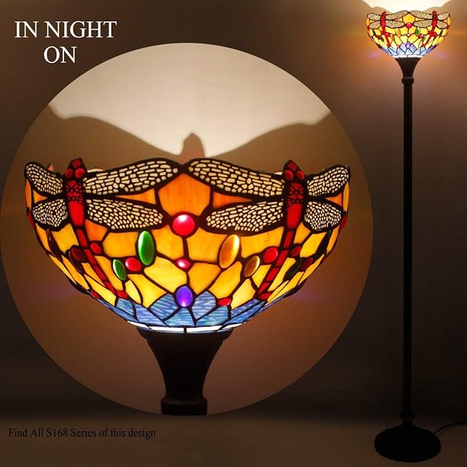 WERFACTORY Tiffany Floor Lamp Orange Blue Stained Glass Dragonfly Light 12X12X71 Inches Torchiere Standing Corner Torch Uplight Decor Bedroom Living Room Home Office S168 Series