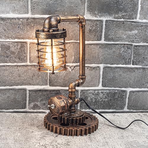 Loft Style Vintage Metal Dimmable Table Lamp with carbonized Wood Base
