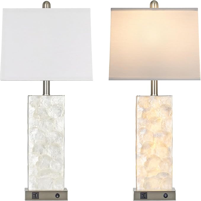 28" Coastal Table Lamps for Living Room, Bedside Lamps with Night Light, USB A+C Ports, Modern Sea Shell Bedside Night Stands Light for Beachy Cottage Decor (Silver 1Pack