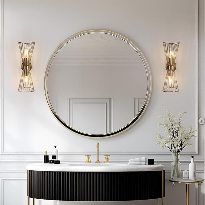 Brass Wall Sconces,Mid Century Wall Sconce Large 2 Light Vanity Light Hardwired Vintage Sconces Wall Lighting Fixtures for Bedroom Living Room Bathroom Hallway E26 - Aura Lighting