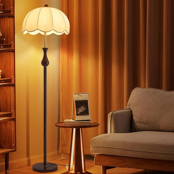 Wabi-sabi Fabric and Wood Grain Floor Lamp with E27 3-Color Dimmer - Modern Tall Lamp for Living Room, Reading Room, Bedroom, Dining Room