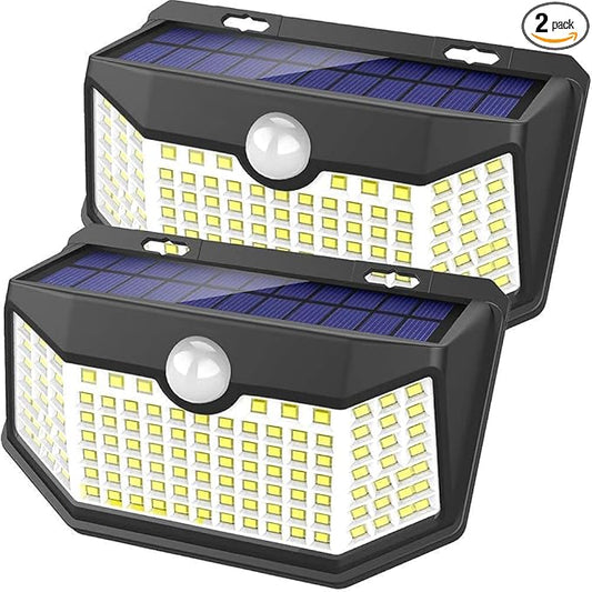 HMCITY Solar Lights Outdoor 120 LED with 3 Lighting Modes, Motion Sensor Wall Lights,IP65 Waterproof Solar Powered for Garden Patio Yard (Back Button 2Packs, Black Shell-Daylight White)