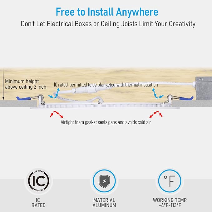 TORCHSTAR Basic Series 12-Pack 8 Inch Ultra-Thin LED Recessed Lighting with Junction Box, CRI90, Aluminum, 5000K Daylight, 5%-100% Dimmable Slim Recessed Downlight, 18W 1500LM, ETL and Energy Star