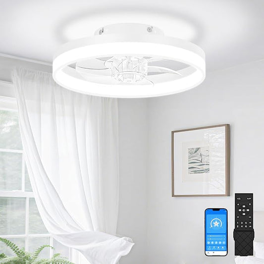 VOLISUN 13 inch Small Ceiling Fans with Lights and Remote, Low Profile Ceiling Fans with Light, 3000K-6500K Dimmable LED Ceiling Light Flush Mount, Bladeless Fandelier Ceiling Fan (White) - Aura Lighting