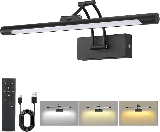16“ Black Wireless Picture Lights for Wall, Battery Operated Picture Light with Remote Timer, Rechargeable Art Lighting for Paintings 3000K/4000K/6000K Dimmable Frame Photo Dartboard Gallery Light
