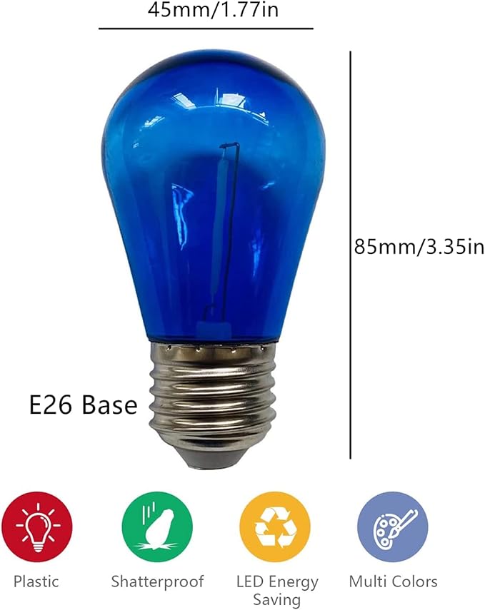 15 Pack S14 LED Bulbs Blue Christmas Replacement Bulb 1W String Light Bulbs Vintage Edison Plastic Decorative Bulb E26 Base Outdoor String Lights LED Filament Bulb for Patio Home Decor(Blue)