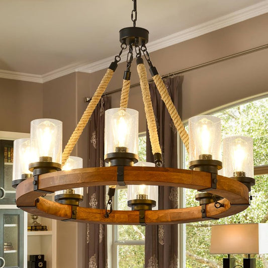 9 Light Round Wagon Wheel Chandelier Farmhouse Rustic Pendant Light Fixture with Seeded Glass Shades