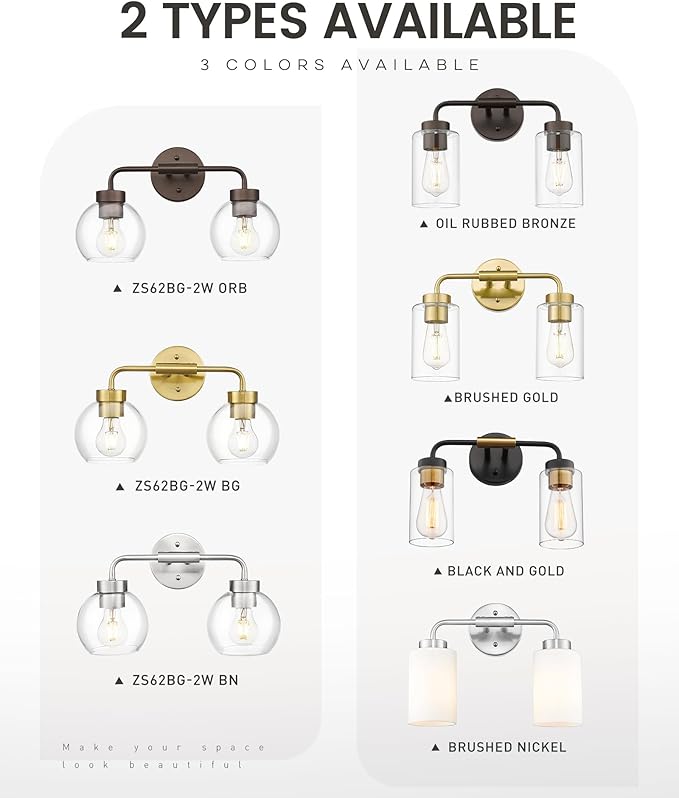 zeyu 2-Light Bathroom Vanity Lights Over Mirror, Farmhouse Globe Bathroom Light Fixtures with Clear Glass Shade, Oil Rubbed Bronze Finish, ZS62BG-2W ORB