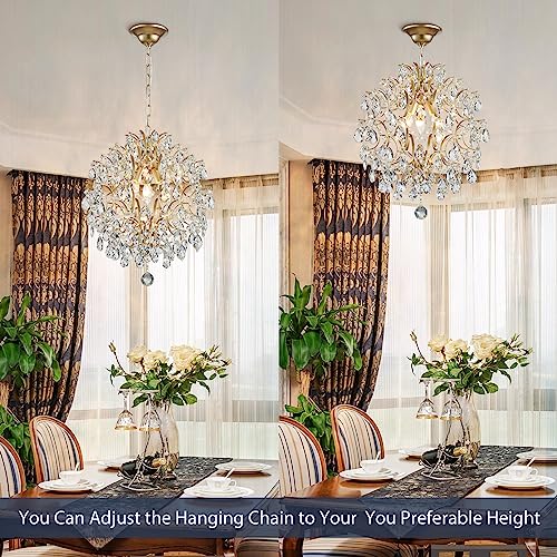 Modern Gold Pendant Chandelier Crystal Raindrop Lighting Ceiling Light Fixture Lamp for Dining Room Bathroom Bedroom Livingroom entryway 3 E12 Bulbs Required D16 in x H18 in