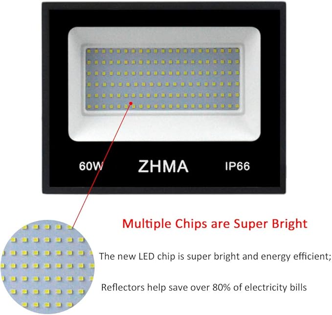 3 Pack 60W Led Flood Light, Outdoor Spotlight, Super Bright Work Light with Plug, IP66 Waterproof (White Light), 5400lm, 6500K, Garage, Backyard, Security Lights Outdoor