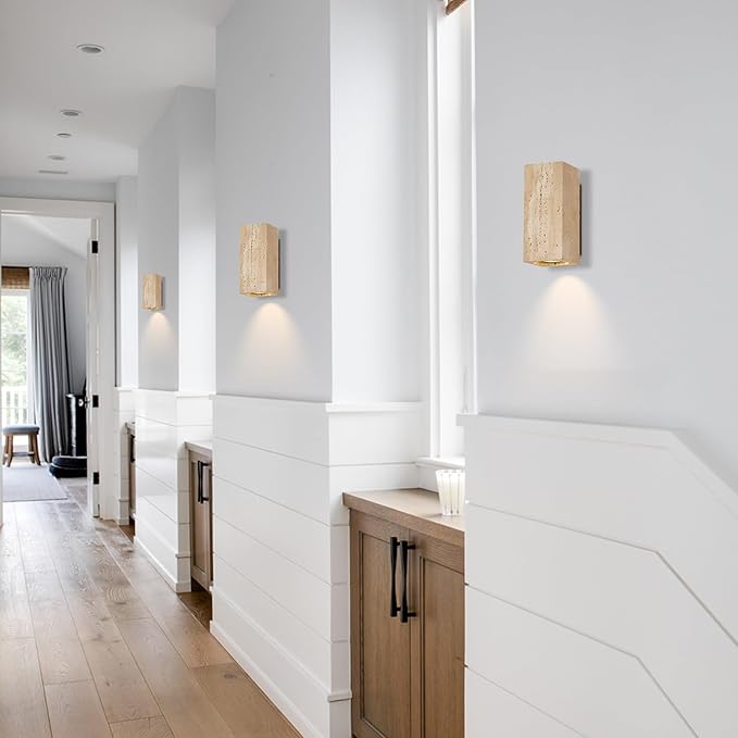 Nordic Modern Marble Wall Sconce, Natural Stone Lampshade with Wooden Base, Yellow Travertine Wall Lamp, Japanese Style Wabi-Sabi Art Lighting Fixture for Bedroom Bedside Hallway Entryway