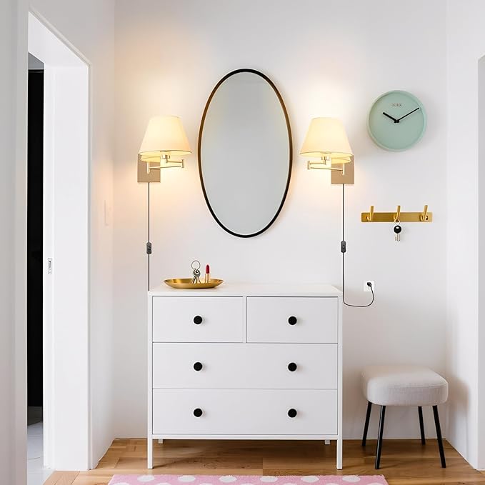 Rose Gold Wall Sconce Plug in, Swing Arm Wall Lamp with Beige Fabric Shade for Living Room Doorway Study Room Bedroom Bedside Reading Wall Light Fixtures with On/Off Switch