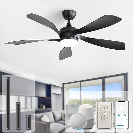 Sofucor 52" Smart Ceiling Fan, Indoor/Outdoor Black Ceiling Fans with Lights and Remote, Works with Alexa/Google/App, 3-Color Light 6-Speed Timing Reversible DC Motor for Bedroom Living Room Patio