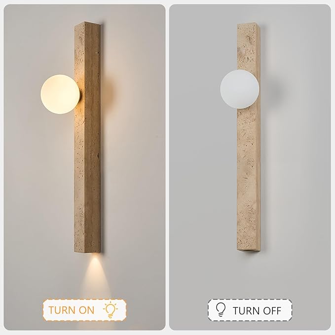 Rectangle Yellow Travertine Wall Lamp, 23.6" H Long Linear Stone Wall Sconce with Glass Lampshade, Japanese Style Wabi-Sabi Art Decor Lighting Fixture for Bedroom Living Room Dining Room